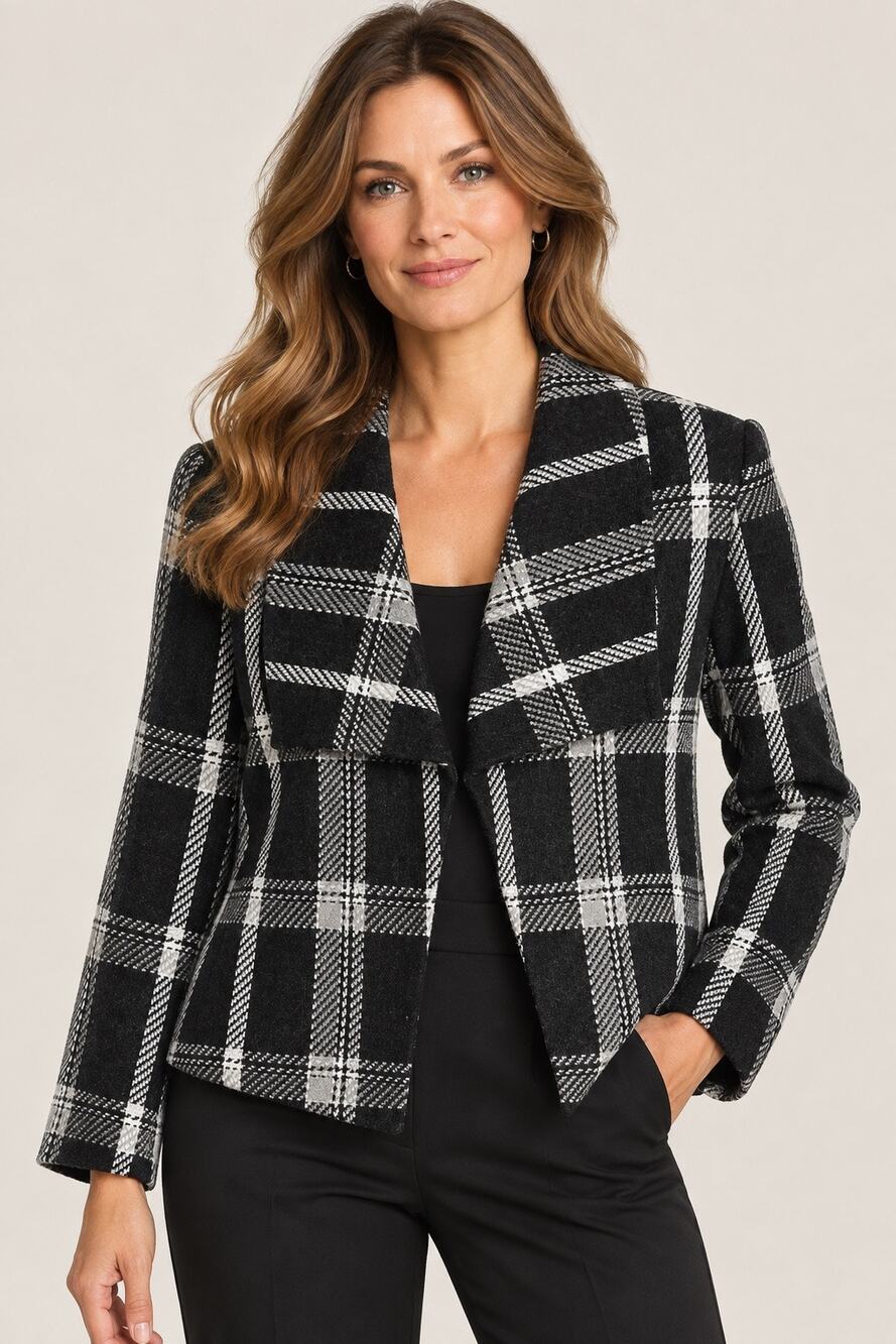 COLDWATER CREEK Black White Plaid Wool Blend Jacket Blazer Size 12 Windowpane